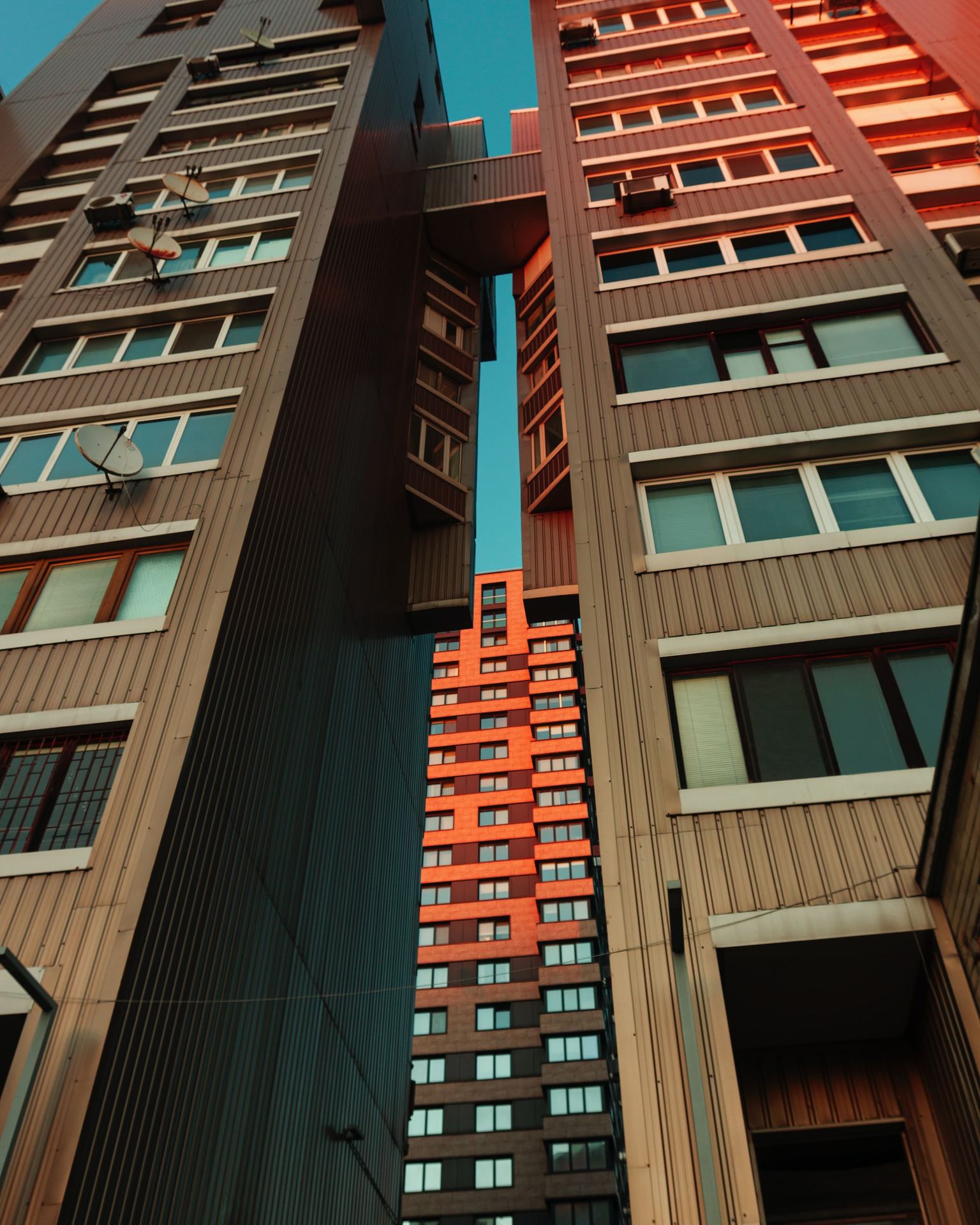 Warm evening light on buildings at dusk